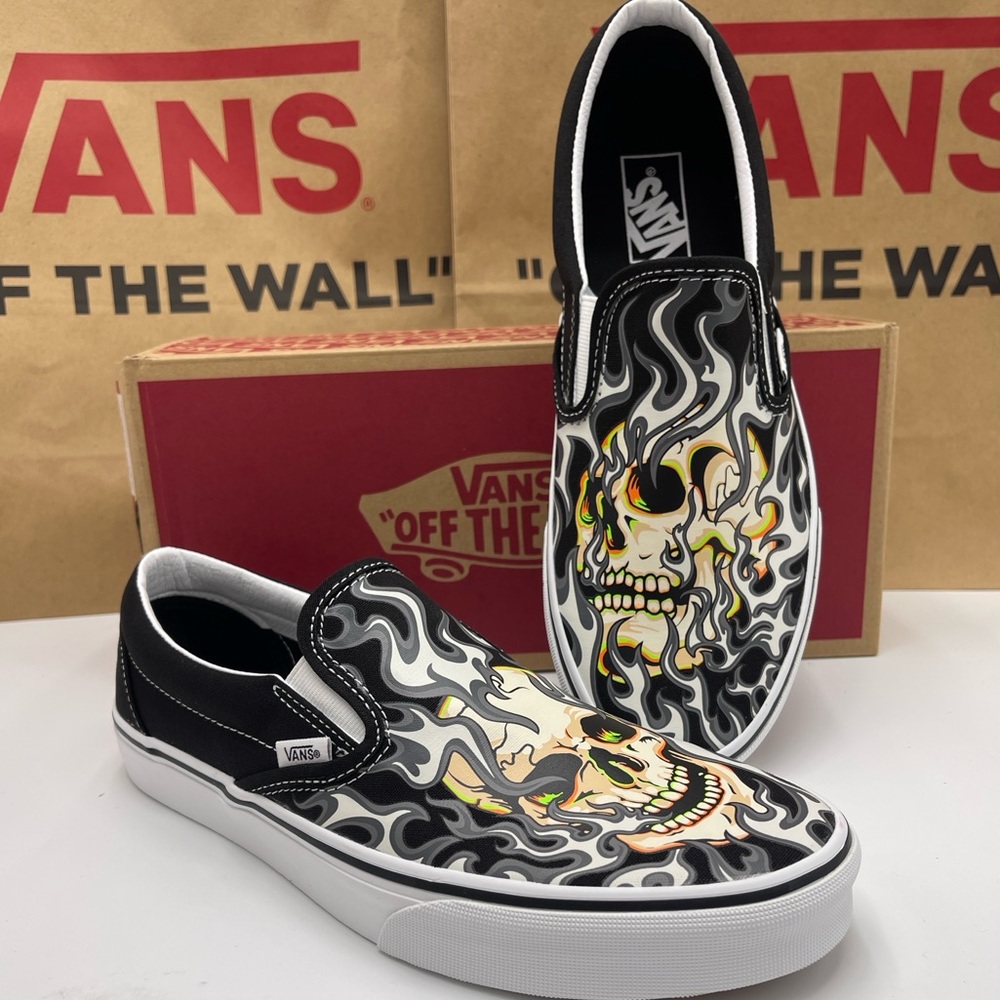 VANS Men’s Slip On Flame Skull Mens Black White Tattoo Art Sneakers - Picture 15 of 16